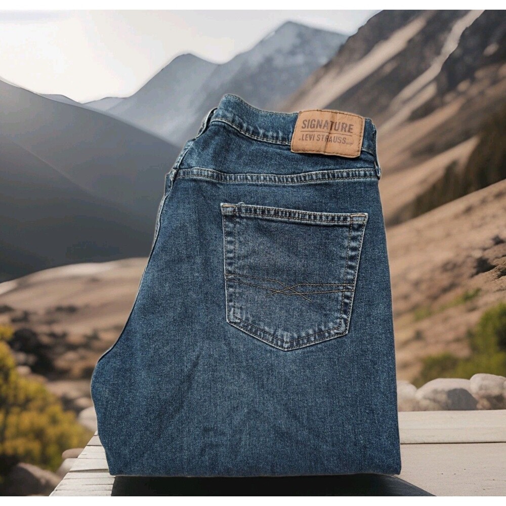 SIGNATURE LEVI STRAUSS BLUE DENIM JEANS  STRAIGHT STRETCH BOOT MENS SZ 34X32 EUC